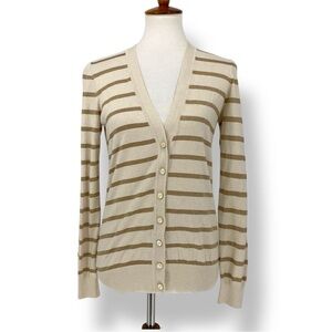 Ann Taylor Cream & Sparkle Gold Striped V-Neck Button Front Cardigan Sweater Med
